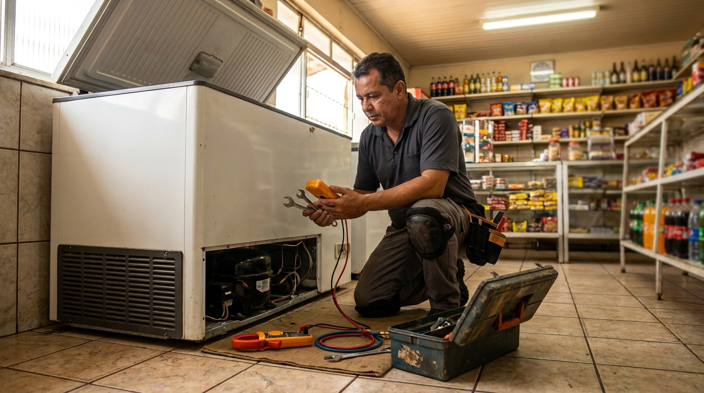 Técnico realizando manutenção de motor de freezer na Olaria, Belo Horizonte‑MG