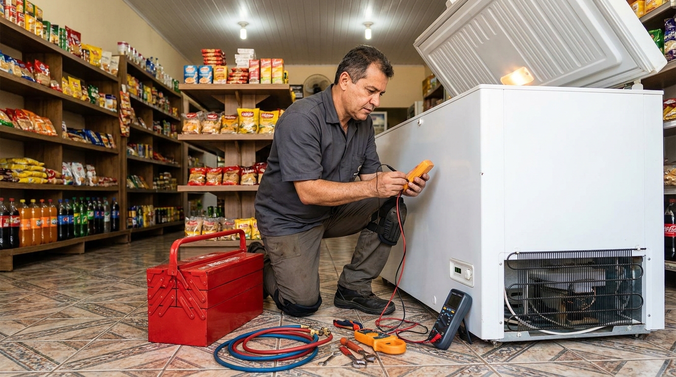 Recarga de gás refrigerante em freezer em atendimento na Olaria, Belo Horizonte‑MG