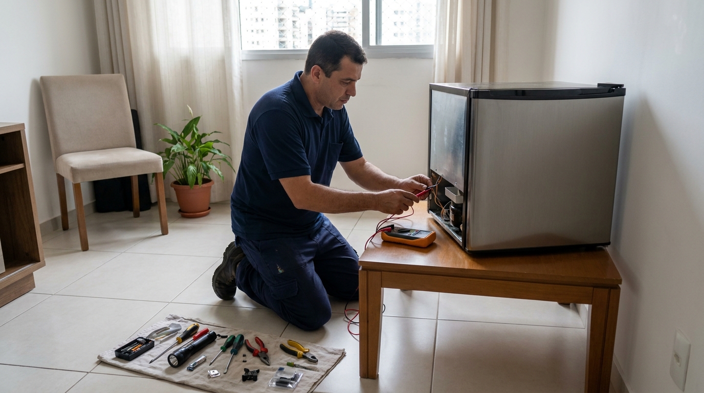Técnico de conserto de frigobar em residência na Gameleira, Belo Horizonte‑MG