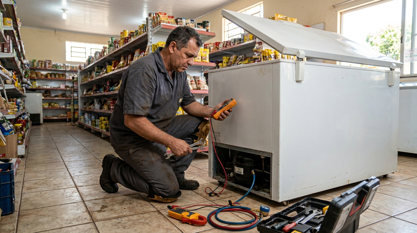 Troca de termostato de freezer em atendimento técnico na Olaria, Belo Horizonte‑MG
